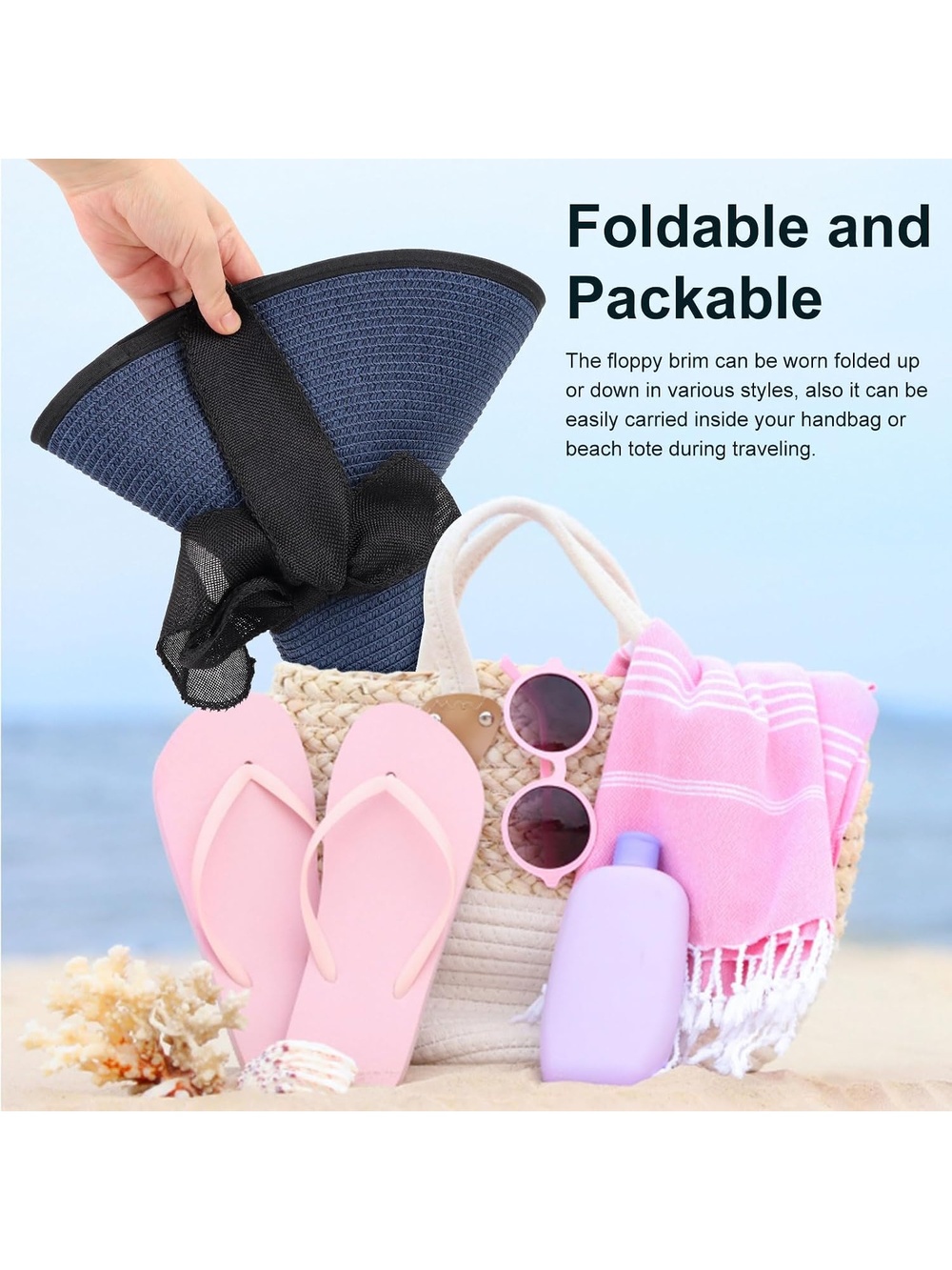 Women's Navy Blue Wide Brim Foldable Floppy Straw With Ribbon Bow Summer Sun Hat - Picture 3 of 5